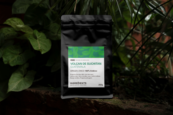 bag of guatemala coffee beans, pouch of 250g sitting between leaves